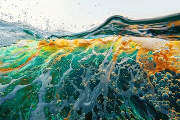 A splash of green and yellow water with bubbles