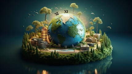 Naklejka premium Earth planet and buildings on the background of nature.
