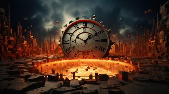 Futuristic scene with old clock