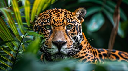 A jaguar is looking at the camera in a jungle. The jungle is lush and green, with many leaves and vines. The jaguar is the main focus of the image, and it is curious or alert