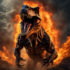 Terrifying Tyrannosaurus Rex Surrounded By Fire & Flames Charges In Frightening Angry Fury