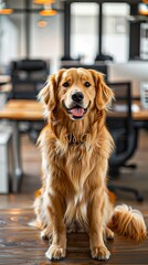 A large golden retriever is sitting in front of a desk with a chair. The dog appears to be happy and relaxed, with its tongue hanging out. The scene suggests a comfortable and welcoming atmosphere