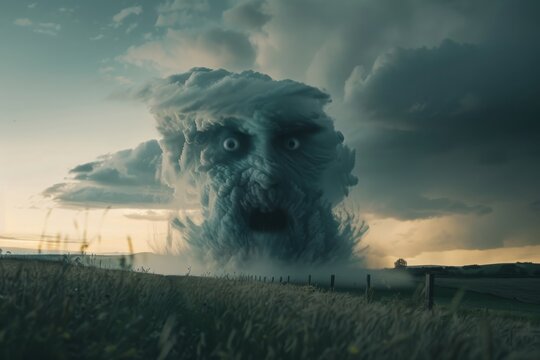 Dramatic image of a cloud formation resembling a monster's face, symbolizing the power of nature's power.

