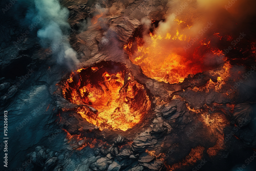 Wall mural volcano eruption from a bird view. volcano crater and magma flow shot from above. genertated ai.