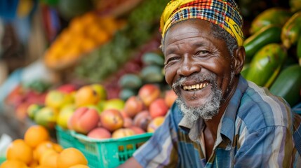 African American fruit shop owner, smiling, small fruit business owner selling fresh produce and...