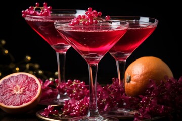 Bright monochrome grapefruit cocktails on white background with fresh pulp chunks