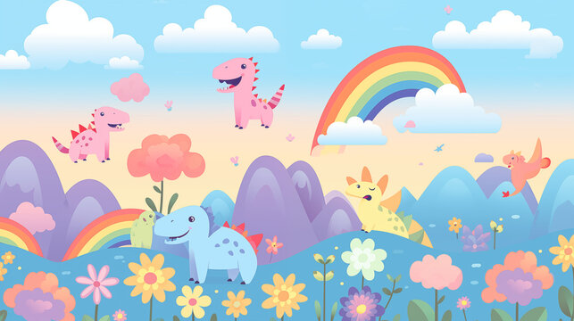 Illustration d'un paysage coloré et enfantin avec des petits dinosaures. Couleurs, animaux, dino, enfant. Motifs. Pour conception et création graphique.