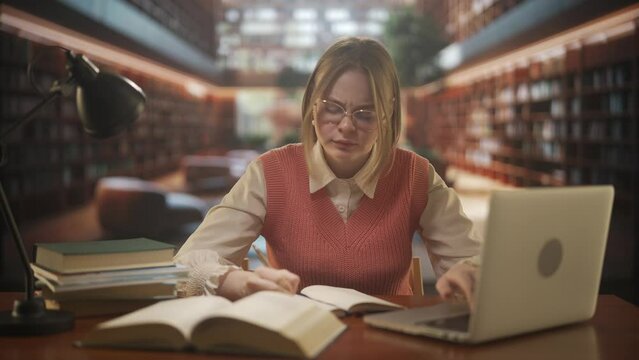 Female in university campus space. Young woman college student sitting in public library, studying for exams, feels unwell head and stomach ache.