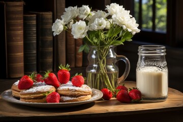 Vintage milk glass with strawberry milkshake and fresh berries on wooden background