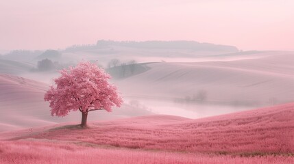 At the center, a solitary cherry blossom tree in peak bloom stands out, its petals a distinctly vivid shade of pink.