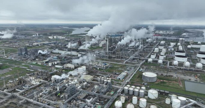 Dow chemical park in Terneuzen, The Netherlands seen from the sky. Aerial drone overview. Very large complex of chemical factories, they mainly produce plastics, location on deep waters.