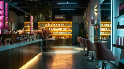 amazing beauty salon interior, amazing dark color grading with pink and yellow accents, dim lighting - obrazy, fototapety, plakaty