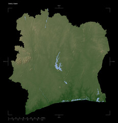 Ivory Coast shape isolated on black. Pale elevation map