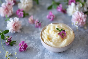 Cream jar with white cream among flowers. Glass cosmetic box on marble background table. Moisturizer. Natural bio eco cosmetics skincare. Body beauty banner. Organic spa concept. Empty space, top view