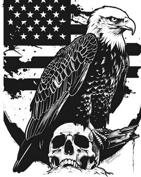 A blackandwhite Bald Eagle with a white head and black beak, belonging to the Accipitridae family in Falconiformes style, is perched on a skull in front of an American flag