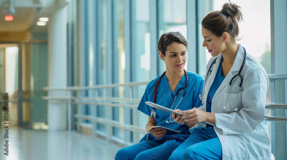 Poster two female healthcare professionals are looking at a tablet