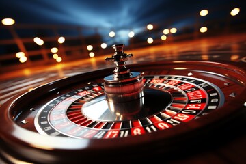 Casino roulette wheel catches falling cubes while poker chips in selective focus, gambling concept - obrazy, fototapety, plakaty
