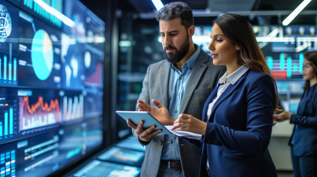 two professionals, a man and a woman, examining a tablet with serious expressions on their faces in a high-tech control room with multiple screens displaying various graphs and data visualizations