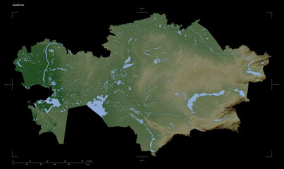Kazakhstan shape isolated on black. Pale elevation map