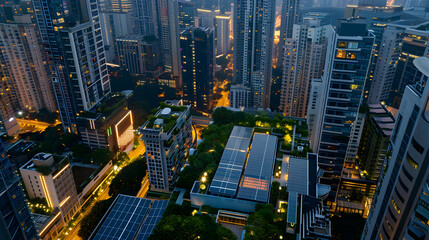 A cityscape with green rooftops and solar panels, viewed from above, wide shot to capture the integration of eco - technologies in urban development.
