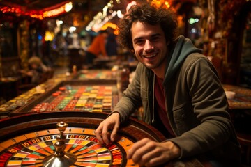 Excited man celebrating a big win at the lively casino with colorful slot machines