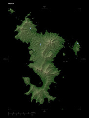 Mayotte shape isolated on black. Pale elevation map