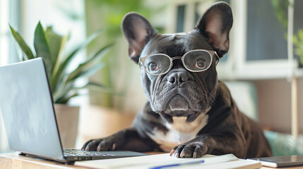 National Take Your Dog to Work Day. French bulldog wearing glasses near laptop in a light office room, close up portrait.