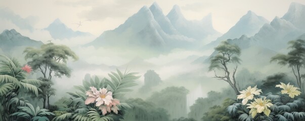 Watercolor pattern wallpaper. Painting of a flowers and misty mountains jungle landscape.