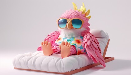 Baby-eagle laying on a sunbed, adorned with sunglasses and a flower-pattern shirt in pastel colors