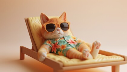 A serene baby-cat, adorned with sunglasses and a flower-patterned shirt, reclines on a sunbed