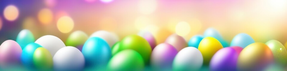 Watercolor banner for Easter day, dyed eggs on blurred bokeh background, background for social media post design or website, space for text