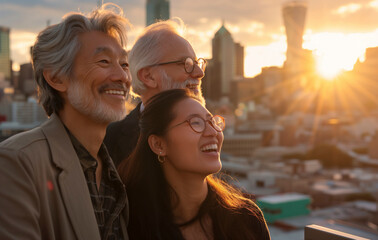 group of three happy people, Diverse Trio Smiling on Rooftop Edge, Embracing Friendship & City Views, Asian person, Urban Bliss, sunlight, sunset morning, copy space, banner