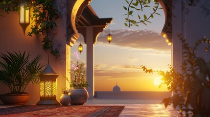 arabic greeting with lantern and mosque with an empty space in the middle
