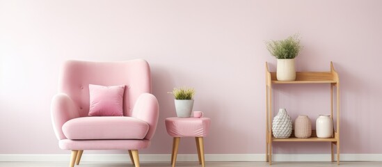 Cozy pink chair beside wooden shelf in a bedroom with glass vases