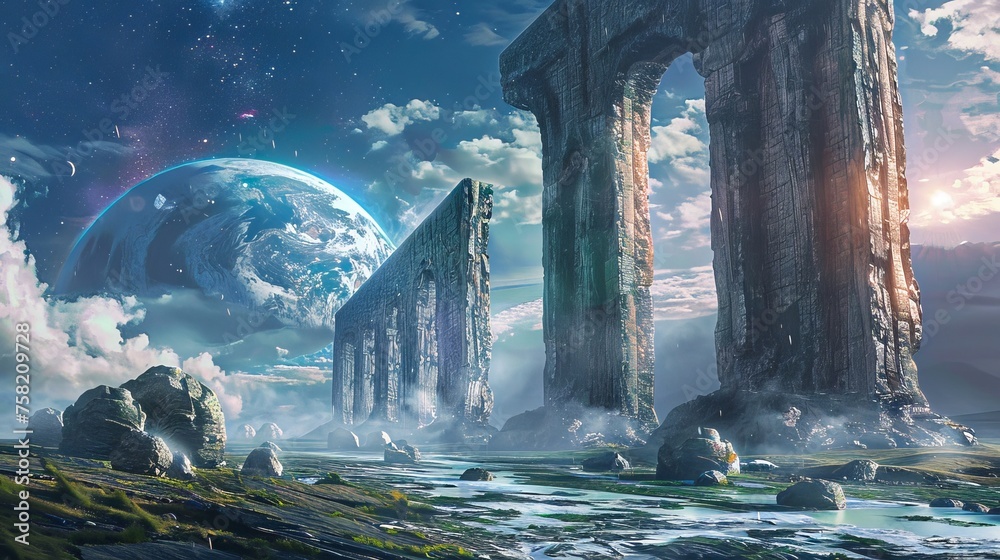 Wall mural a beautiful and mysterious landscape with a large planet in the background and a bridge in the foreg