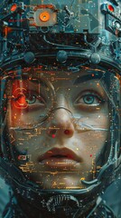 A woman's face is shown in a futuristic style, with a helmet and glasses. The image has a futuristic and sci-fi vibe, with a sense of technology and artificiality