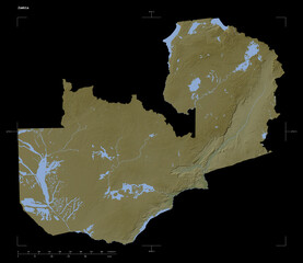 Zambia shape isolated on black. Pale elevation map