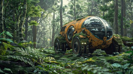 A yellow vehicle is driving through a forest. The vehicle is covered in moss and he is a robot. The forest is lush and green, with sunlight filtering through the trees