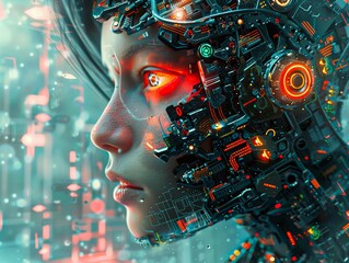 A woman's face is made of electronic parts and is surrounded by a cityscape. The image conveys a futuristic and technological mood, with the woman's face representing the merging of human and machine