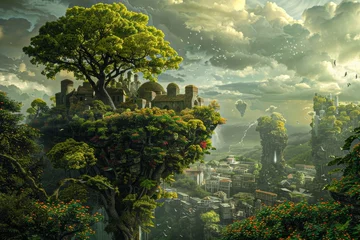 Deurstickers A fantasy landscape with a tree in the middle of it. The tree is surrounded by buildings and a city. The sky is cloudy and the mood of the image is mysterious and adventurous © Kowit