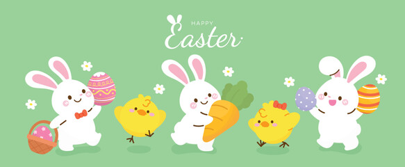 Happy Easter day background vector. Cute wallpaper of lovely white rabbit, easter eggs, bunny, flower, carrot, basket, chick. Spring holiday illustration for banner, greeting card, social media. © TinyBell