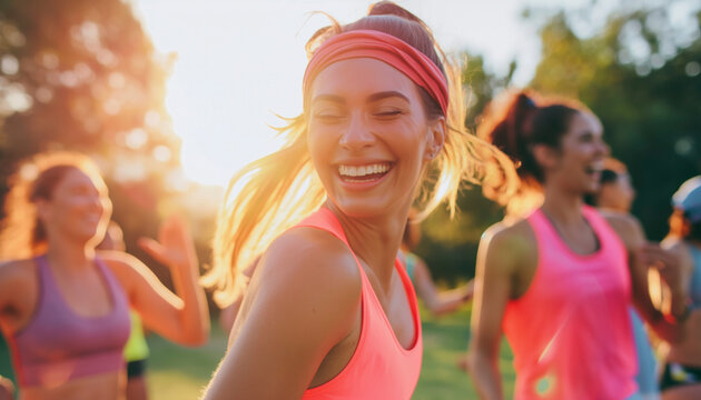 Smiling person, happiness and health Lifestyle, outdoor fitness activities with genuine smiles and radiant energy,Active, sunlight, warm tone