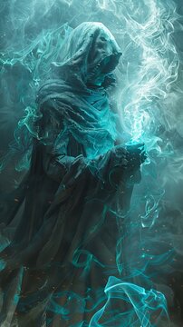 A person in a hooded robe is holding a glowing object. The image has a mysterious and eerie mood, with the smoke and blue color scheme adding to the sense of otherworldliness