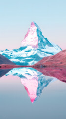 Magenta mountain reflected in water under pink sky