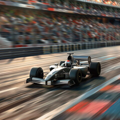Race car speeding on a track with blurred crowd. - obrazy, fototapety, plakaty
