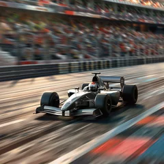 Tuinposter Race car speeding on a track with blurred crowd. © connel_design