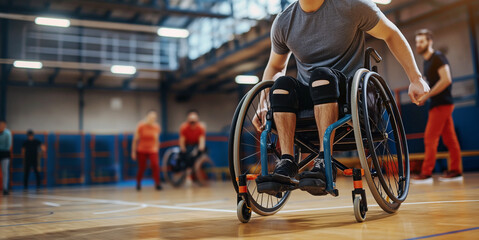 Man, individual with disabilities, wheelchair user while sports activity on sport court. Wheelchair users in professional sports. - obrazy, fototapety, plakaty