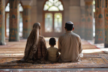 Muslim family praying in mosque.