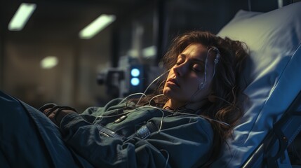 Middle-aged woman lies in a hospital ward connected to medical equipment.

