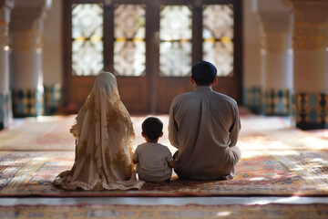 Obraz premium Muslim family praying in mosque.